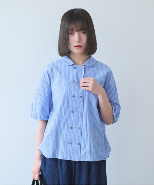 bulle de savon(ビュルデサボン)の「cord voil stripe 丸衿ブラウス(シャツ/ブラウス・レディース・ベージュ/ブルー・FREE)」の6枚目の写真