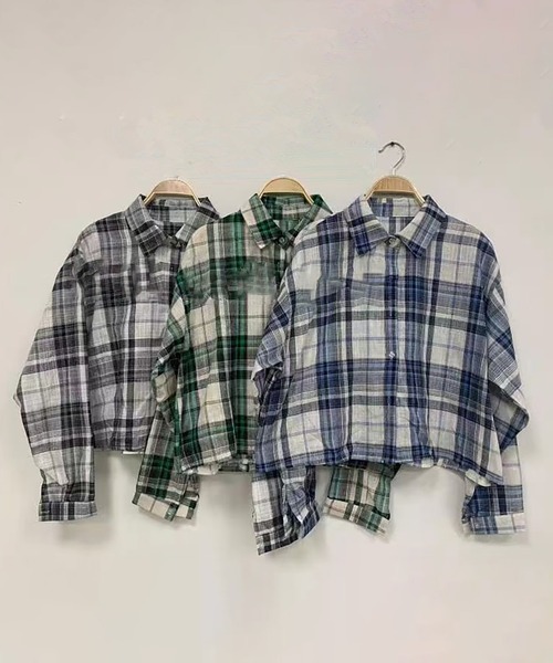 LAFFMO(ラフモ)の「クロップドチェック柄長袖シャツ(シャツ/ブラウス・レディース・ブラック/ブルー/グリーン・F)」の9枚目の写真