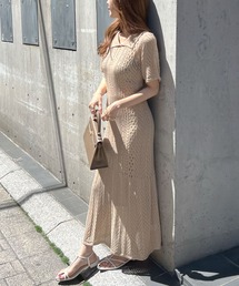 インナーキャミ付き透かし編みポロニットワンピース / サマーニットワンピース