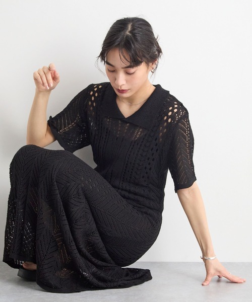 Futier land（フューティアランド）の「インナーキャミ付き透かし編みポロニットワンピース / サマーニットワンピース（ワンピース・レディース・ホワイト/ブラック/ベージュ・FREE）」の18枚目の写真