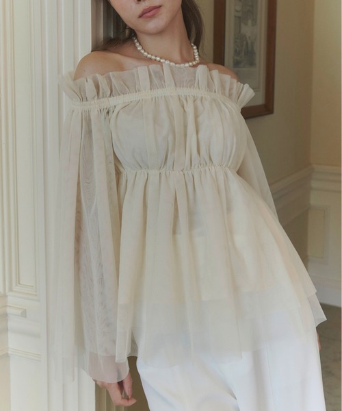 ORGUE(オルグ)の「Tulle peplum blouse/チュールぺプラムブラウス(シャツ/ブラウス・レディース・ピンクベージュ/ブラック/アイボリー・FREE)」の4枚目の写真