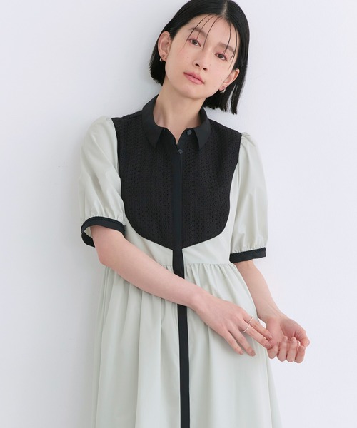 RUIRUE BOUTIQUE（ルイルエブティック）の「洗える ｜ レース 切り替え フレア シャツワンピース ｜ ワンピース・夏ワンピース・ロングワンピース・リゾートワンピース・デザインワンピース・レースワンピース・フレアスカート（シャツワンピース・レディース・ライトグレー系1/オフホワイト/ネイビー系1・S/M/L）」の2枚目の写真