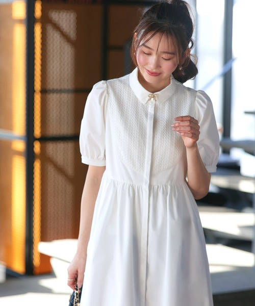 RUIRUE BOUTIQUE（ルイルエブティック）の「洗える ｜ レース 切り替え フレア シャツワンピース ｜ ワンピース・夏ワンピース・ロングワンピース・リゾートワンピース・デザインワンピース・レースワンピース・フレアスカート（シャツワンピース・レディース・ライトグレー系1/オフホワイト/ネイビー系1・S/M/L）」の8枚目の写真