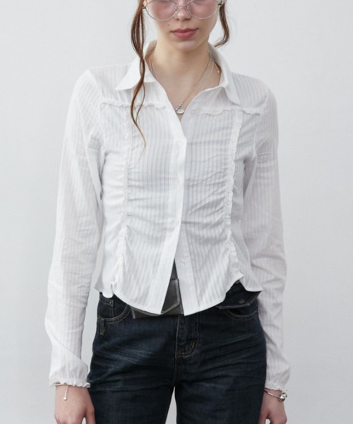 Rohwel(ローウェル)の「Lace Shirring Gather Shirt / レースシャーリングギャザーシャツ(シャツ/ブラウス・レディース・ホワイト/ブラック・FREE)」の2枚目の写真