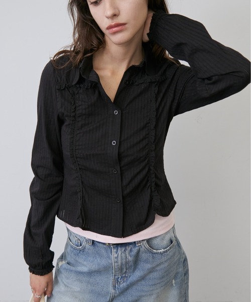 Rohwel(ローウェル)の「Lace Shirring Gather Shirt / レースシャーリングギャザーシャツ(シャツ/ブラウス・レディース・ホワイト/ブラック・FREE)」の3枚目の写真