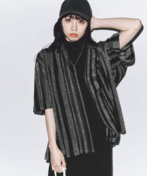 DAWNCE（ダウンス）の「メッシュストライプ半袖シャツ（シャツ/ブラウス・メンズ・ブラック/ブラウン・L/M）」の2枚目の写真