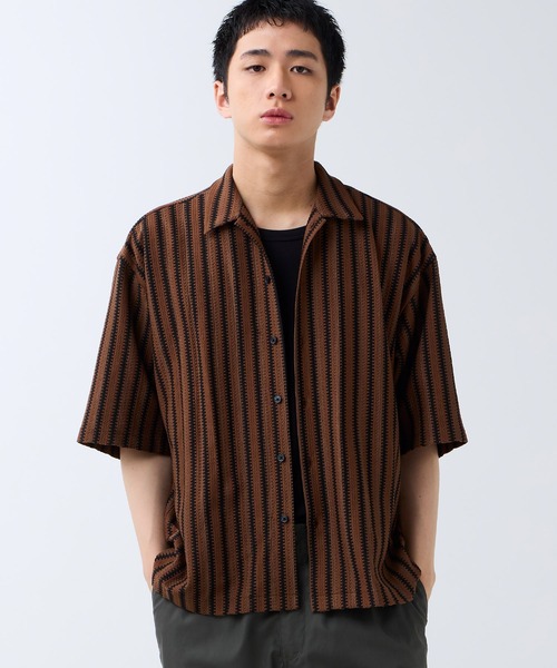 DAWNCE（ダウンス）の「メッシュストライプ半袖シャツ（シャツ/ブラウス・メンズ・ブラック/ブラウン・L/M）」の4枚目の写真