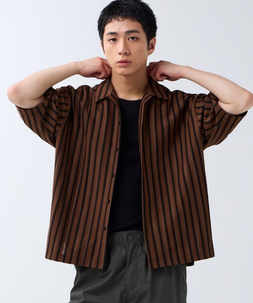 DAWNCE（ダウンス）の「メッシュストライプ半袖シャツ（シャツ/ブラウス・メンズ・ブラック/ブラウン・L/M）」の5枚目の写真