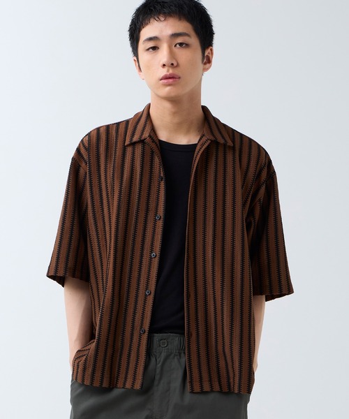 DAWNCE（ダウンス）の「メッシュストライプ半袖シャツ（シャツ/ブラウス・メンズ・ブラック/ブラウン・L/M）」の6枚目の写真