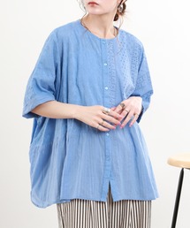 総刺繍パネル切替シャツ 半端袖