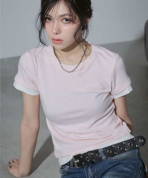 ENVYM（アンビー）の「レイヤードコンパクトTシャツ（Tシャツ/カットソー・レディース・ブラック/ネイビー/ホワイト/ピンク・FREE）」の2枚目の写真