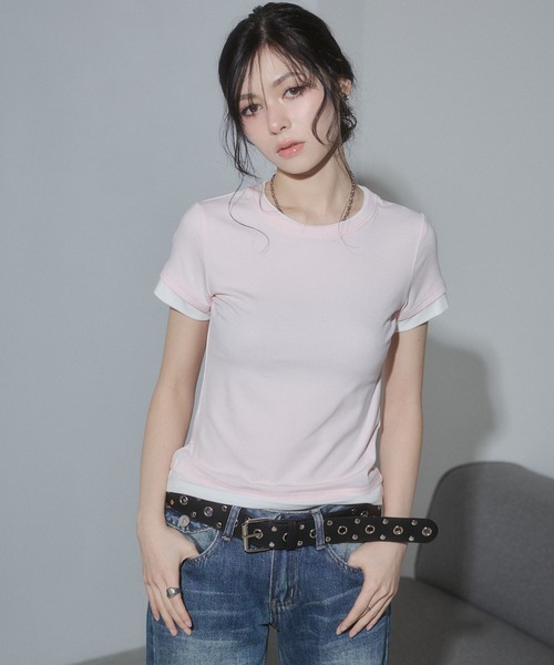 ENVYM（アンビー）の「レイヤードコンパクトTシャツ（Tシャツ/カットソー・レディース・ブラック/ネイビー/ホワイト/ピンク・FREE）」の10枚目の写真