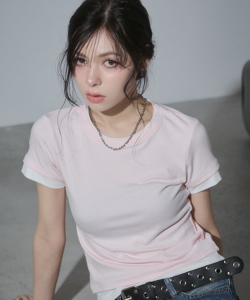 ENVYM（アンビー）の「レイヤードコンパクトTシャツ（Tシャツ/カットソー・レディース・ブラック/ネイビー/ホワイト/ピンク・FREE）」の22枚目の写真