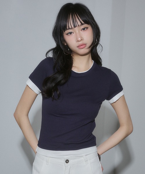 ENVYM（アンビー）の「レイヤードコンパクトTシャツ（Tシャツ/カットソー・レディース・ブラック/ネイビー/ホワイト/ピンク・FREE）」の6枚目の写真