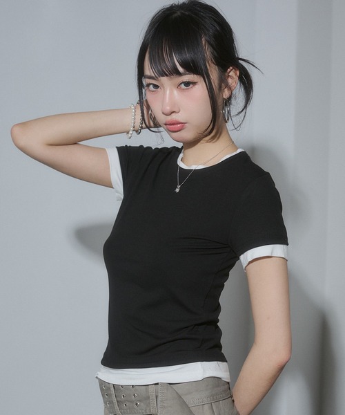 ENVYM（アンビー）の「レイヤードコンパクトTシャツ（Tシャツ/カットソー・レディース・ブラック/ネイビー/ホワイト/ピンク・FREE）」の18枚目の写真