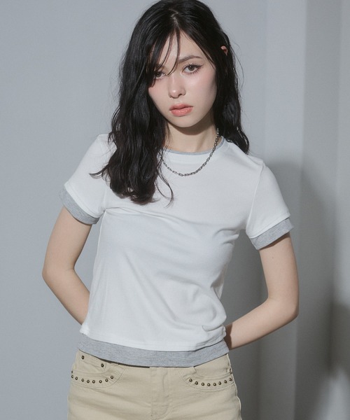 ENVYM（アンビー）の「レイヤードコンパクトTシャツ（Tシャツ/カットソー・レディース・ブラック/ネイビー/ホワイト/ピンク・FREE）」の15枚目の写真