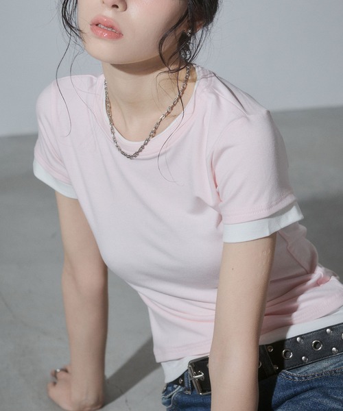ENVYM（アンビー）の「レイヤードコンパクトTシャツ（Tシャツ/カットソー・レディース・ブラック/ネイビー/ホワイト/ピンク・FREE）」の9枚目の写真