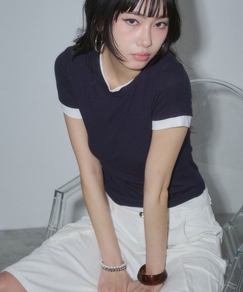 ENVYM（アンビー）の「レイヤードコンパクトTシャツ（Tシャツ/カットソー・レディース・ブラック/ネイビー/ホワイト/ピンク・FREE）」の5枚目の写真