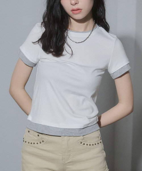 ENVYM（アンビー）の「レイヤードコンパクトTシャツ（Tシャツ/カットソー・レディース・ブラック/ネイビー/ホワイト/ピンク・FREE）」の13枚目の写真