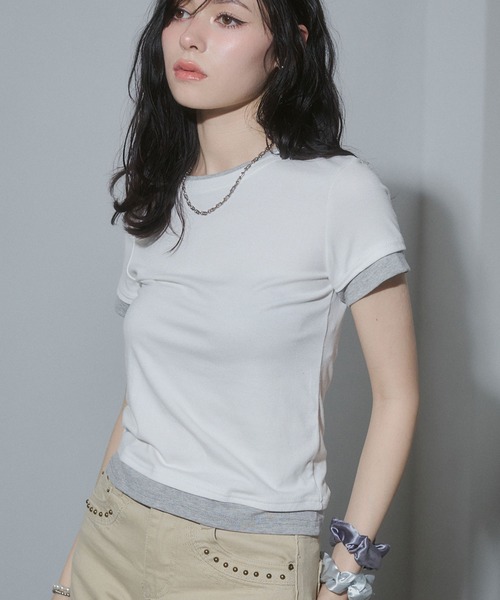 ENVYM（アンビー）の「レイヤードコンパクトTシャツ（Tシャツ/カットソー・レディース・ブラック/ネイビー/ホワイト/ピンク・FREE）」の14枚目の写真