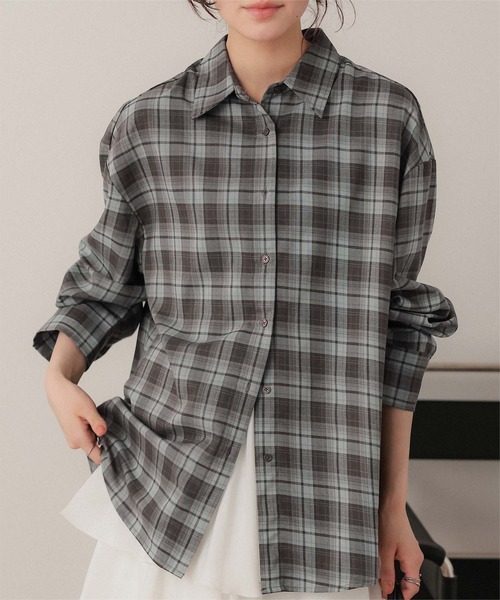 titivate(ティティベイト)の「カシュクールチェックオーバーシャツ(シャツ/ブラウス・レディース・ベージュ/ブルー/ダークブラウン/グレー・FREE)」の5枚目の写真
