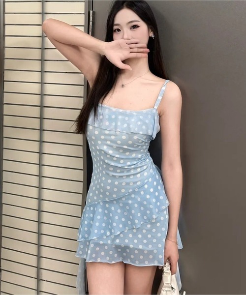 AsheKsha(アシクシャ)の「甘い欲望の風ブルーのドット柄フリルキャミソールワンピース(ワンピース・レディース・ブルー・F)」の6枚目の写真