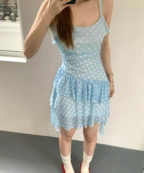 AsheKsha(アシクシャ)の「甘い欲望の風ブルーのドット柄フリルキャミソールワンピース(ワンピース・レディース・ブルー・F)」の18枚目の写真