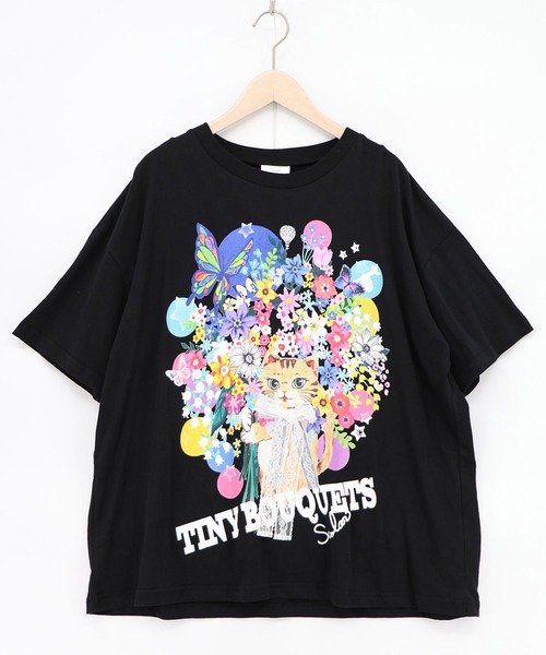 ScoLar(スカラー)の「ScoLar(スカラー) レースリボン付き 花ネコ柄Tシャツ(Tシャツ/カットソー・レディース・パープル/オフホワイト/ブラック・MEDIUM)」の13枚目の写真