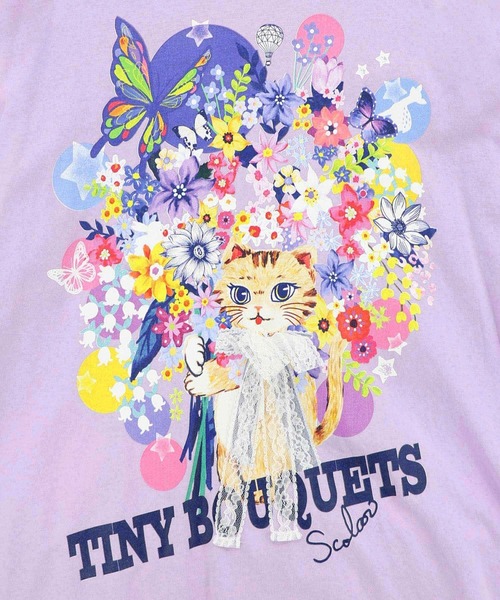 ScoLar(スカラー)の「ScoLar(スカラー) レースリボン付き 花ネコ柄Tシャツ(Tシャツ/カットソー・レディース・パープル/オフホワイト/ブラック・MEDIUM)」の16枚目の写真