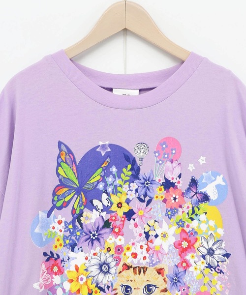 ScoLar(スカラー)の「ScoLar(スカラー) レースリボン付き 花ネコ柄Tシャツ(Tシャツ/カットソー・レディース・パープル/オフホワイト/ブラック・MEDIUM)」の17枚目の写真