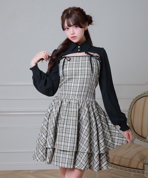 Anely（アネリー）の「チェック柄 リボン ティアード レイヤード ワンピース（ワンピース・レディース・ベージュ/ブラック/アイボリー・FREE）」の3枚目の写真