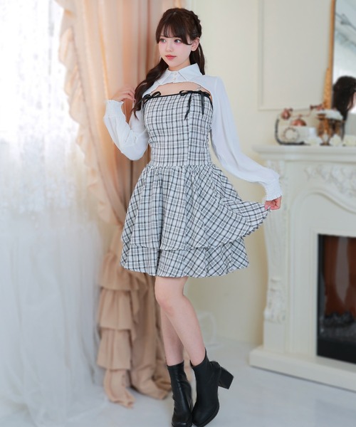 Anely（アネリー）の「チェック柄 リボン ティアード レイヤード ワンピース（ワンピース・レディース・ベージュ/ブラック/アイボリー・FREE）」の2枚目の写真