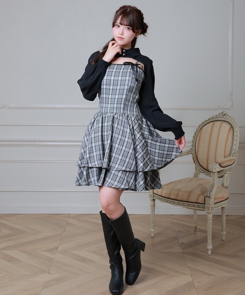 Anely（アネリー）の「チェック柄 リボン ティアード レイヤード ワンピース（ワンピース・レディース・ベージュ/ブラック/アイボリー・FREE）」の9枚目の写真