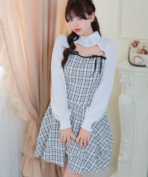 Anely（アネリー）の「チェック柄 リボン ティアード レイヤード ワンピース（ワンピース・レディース・ベージュ/ブラック/アイボリー・FREE）」の10枚目の写真