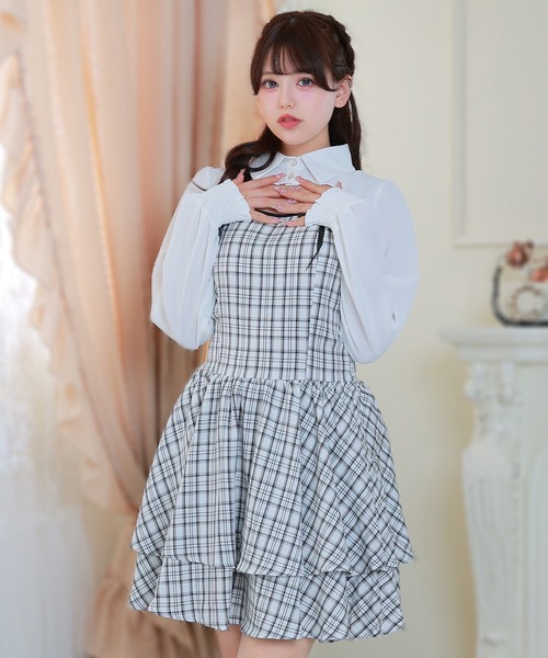Anely（アネリー）の「チェック柄 リボン ティアード レイヤード ワンピース（ワンピース・レディース・ベージュ/ブラック/アイボリー・FREE）」の12枚目の写真
