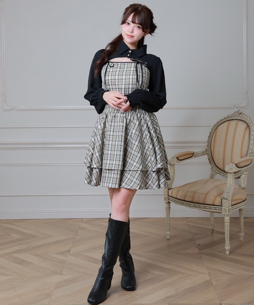 Anely（アネリー）の「チェック柄 リボン ティアード レイヤード ワンピース（ワンピース・レディース・ベージュ/ブラック/アイボリー・FREE）」の15枚目の写真