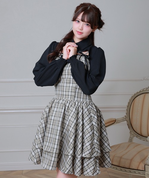 Anely（アネリー）の「チェック柄 リボン ティアード レイヤード ワンピース（ワンピース・レディース・ベージュ/ブラック/アイボリー・FREE）」の16枚目の写真