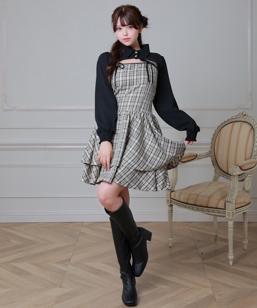 Anely（アネリー）の「チェック柄 リボン ティアード レイヤード ワンピース（ワンピース・レディース・ベージュ/ブラック/アイボリー・FREE）」の17枚目の写真