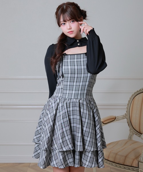 Anely（アネリー）の「チェック柄 リボン ティアード レイヤード ワンピース（ワンピース・レディース・ベージュ/ブラック/アイボリー・FREE）」の4枚目の写真