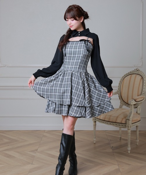 Anely（アネリー）の「チェック柄 リボン ティアード レイヤード ワンピース（ワンピース・レディース・ベージュ/ブラック/アイボリー・FREE）」の7枚目の写真