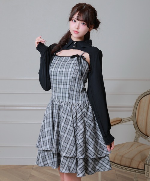 Anely（アネリー）の「チェック柄 リボン ティアード レイヤード ワンピース（ワンピース・レディース・ベージュ/ブラック/アイボリー・FREE）」の8枚目の写真