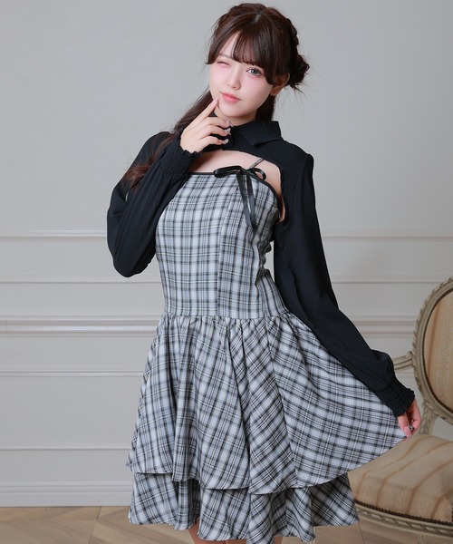 Anely（アネリー）の「チェック柄 リボン ティアード レイヤード ワンピース（ワンピース・レディース・ベージュ/ブラック/アイボリー・FREE）」の5枚目の写真