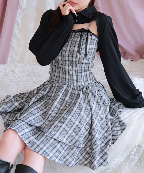Anely（アネリー）の「チェック柄 リボン ティアード レイヤード ワンピース（ワンピース・レディース・ベージュ/ブラック/アイボリー・FREE）」の6枚目の写真