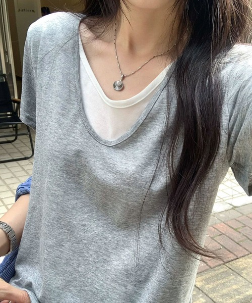 meJane(ミージェーン)の「配色レイヤード風 半そでTシャツ(Tシャツ/カットソー・レディース・ホワイト/ブラック/霜降りグレー・FREE)」の3枚目の写真