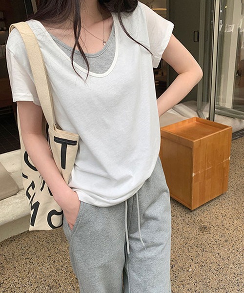 meJane(ミージェーン)の「配色レイヤード風 半そでTシャツ(Tシャツ/カットソー・レディース・ホワイト/ブラック/霜降りグレー・FREE)」の2枚目の写真