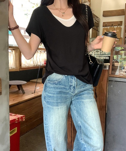 meJane(ミージェーン)の「配色レイヤード風 半そでTシャツ(Tシャツ/カットソー・レディース・ホワイト/ブラック/霜降りグレー・FREE)」の1枚目の写真