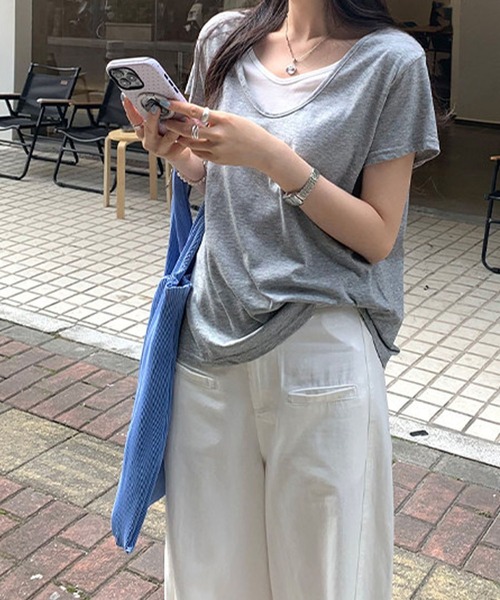 meJane(ミージェーン)の「配色レイヤード風 半そでTシャツ(Tシャツ/カットソー・レディース・ホワイト/ブラック/霜降りグレー・FREE)」の12枚目の写真