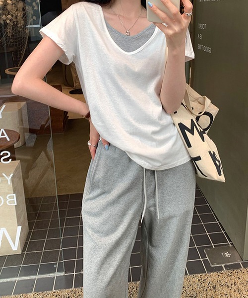meJane(ミージェーン)の「配色レイヤード風 半そでTシャツ(Tシャツ/カットソー・レディース・ホワイト/ブラック/霜降りグレー・FREE)」の6枚目の写真