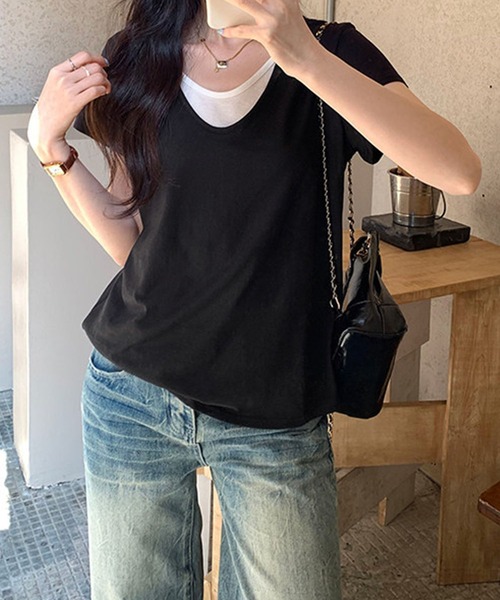 meJane(ミージェーン)の「配色レイヤード風 半そでTシャツ(Tシャツ/カットソー・レディース・ホワイト/ブラック/霜降りグレー・FREE)」の10枚目の写真