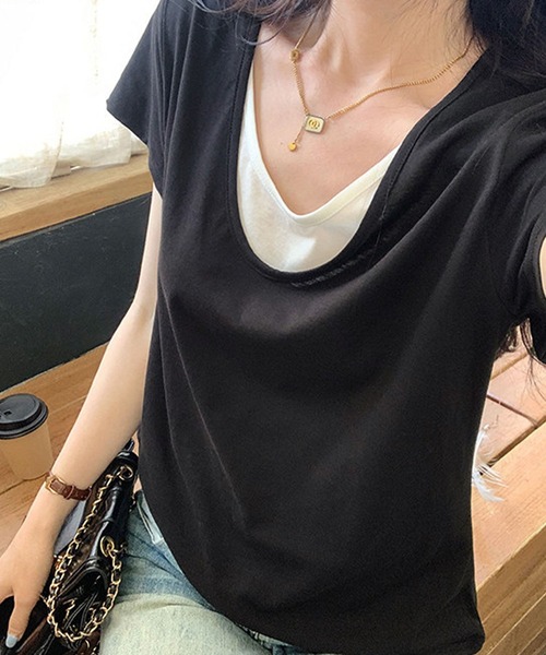 meJane(ミージェーン)の「配色レイヤード風 半そでTシャツ(Tシャツ/カットソー・レディース・ホワイト/ブラック/霜降りグレー・FREE)」の8枚目の写真